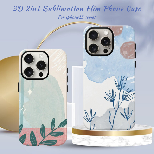 New Arrival 2in1 3D Film case Sublimation cover customized DIY Cell Phone case for iPhone 14/iPhone 15 series