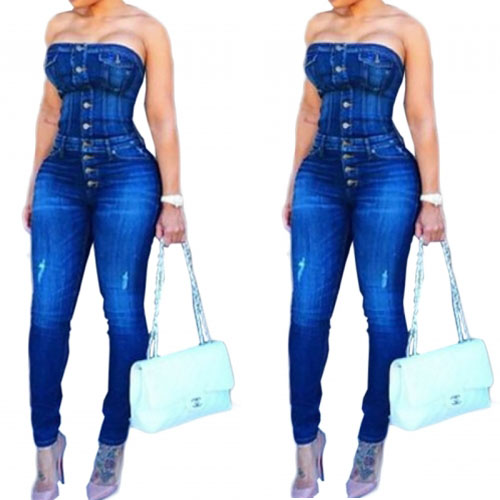 Strapless Single-breasted Cotton Blends One-piece Skinny Overall Jeans Jumpsuits