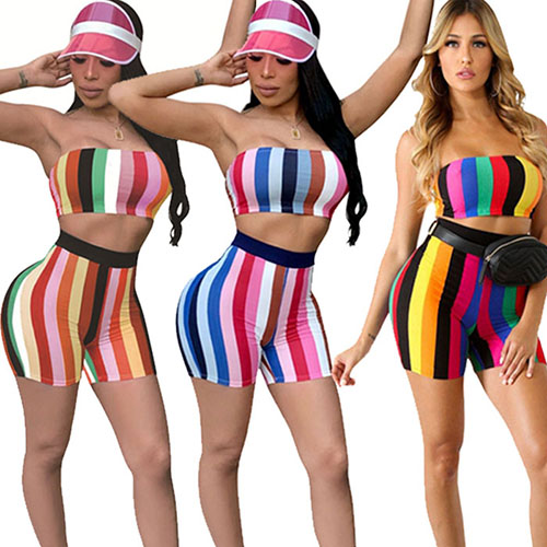 Two Piece Outfit Rainbow Stripe Crop Top And Short Pant Set Sexy Short Jumpsuit