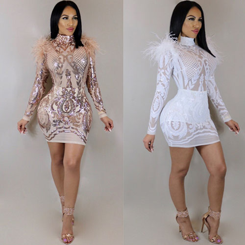 Women Sexy Floral Sequin See Through Party Transparent Dress with Fur