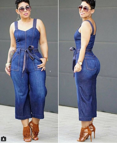 Sexy Low Chest Straps Denim One Piece Plus Size Summer Jumpsuit Women