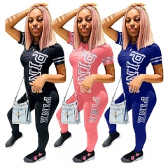 Women 3 Colors Letter Short Sleeve Long Pants Two Piece Sport Jumpsuit