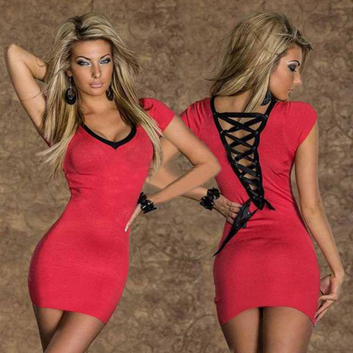 FREE SHIPPING 6 Colors Sexy Women Back Lace Up Casual Dress