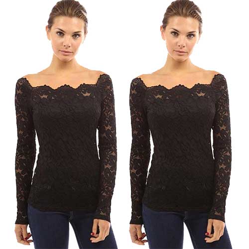 Sexy Lace Off Shoulder Long Sleeve Top Women
