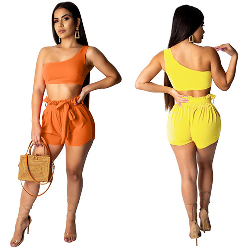2 Pcs Orange Yellow One Shoulder Women Sets