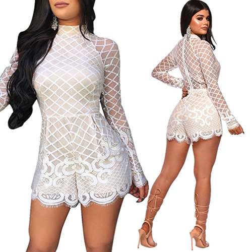 Women White Lace Long Sleeve Romper Jumpsuit