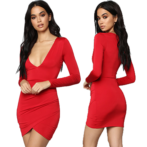 Red Long Sleeve Deep V Neck Women Mini Dress