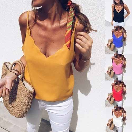 Best Scallop Queen Size V Neck Sling Top Plain Latest Fashion