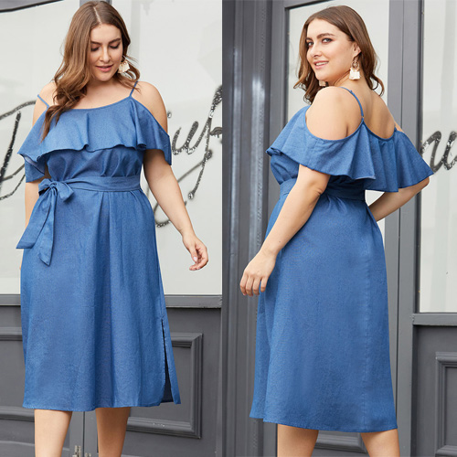 Feminine Blue Cold Shoulder Ruffle Plus Size Midi Dress Denim For Fashion