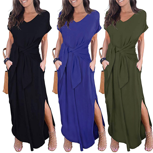 Black Blue Green Casual Loose Pocket Short Sleeve Split Maxi Dress