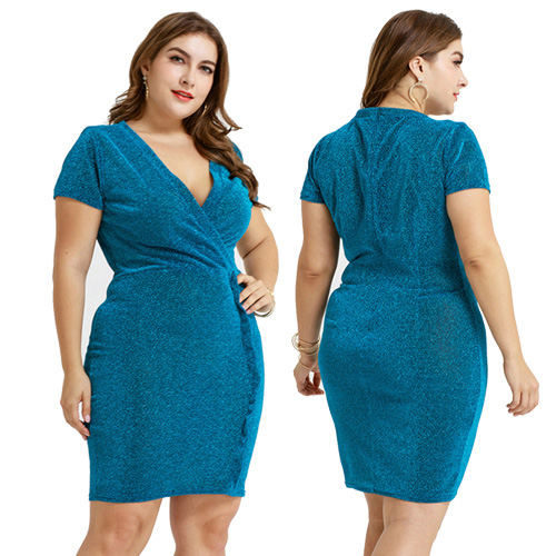 Smooth Wrap V Neck Blue Frill Bodycon Dress Big Size High Elasticity