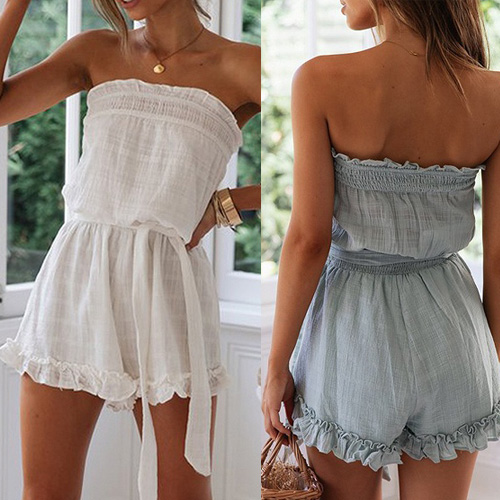 Blue White Bandeau Tie Waist Ruffle Trim Romper Playsuit