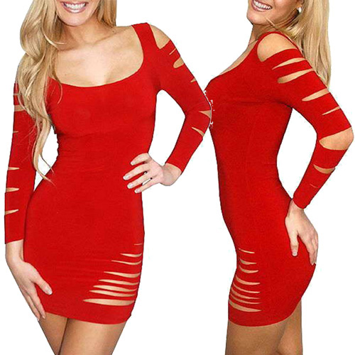 Women Red Long Sleeve Mini Dress