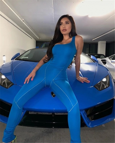 New Style One Shoulder Blue & Black Jumpsuit Pants Plain One Piece Women Jumpsuit