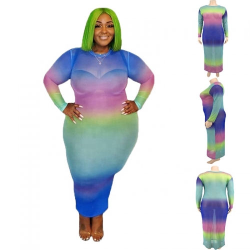 Fall Casual Ladies Tie Dye Plus Size Women Clothing 4XL 5XL Bodycon Midi Dress For Women