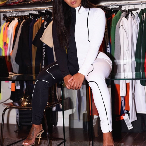 New Autumn Long Jumpsuit Long Sleeve Sexy White And Black Jointed Romper Bodysuits