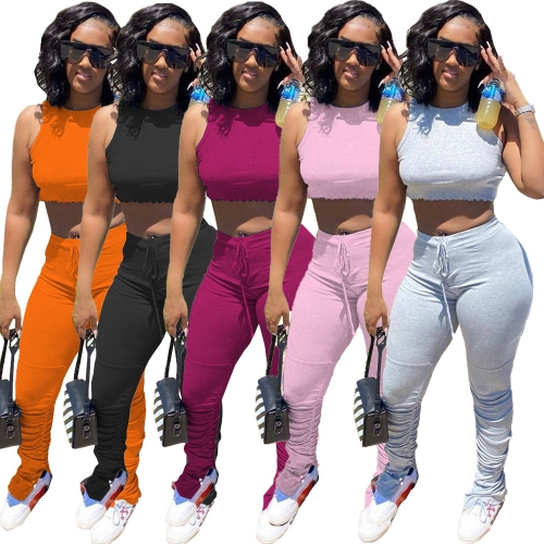 2020 New Fashion Trendy Plus Size Two Piece Set Women Cothing Summer Crop Top Stacked Pants Set