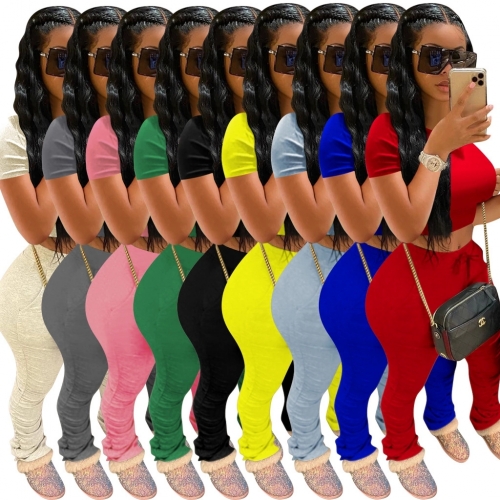 New Style Plus Size Women Clothing Sport Jogging Wwear T Shirt Long Ruched Stacked Pants 2 Piece Set