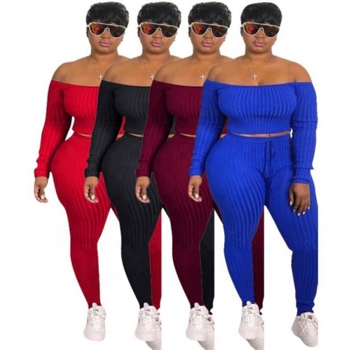 Wholesale Women Plus Size 2 Piece Outfit Long Sleeve Off Shoulder 2 pcs Set