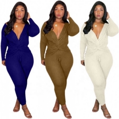 Fashion Deep V-neck Solid Two Piece Pants Set Women