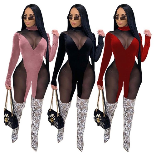 Womens Fall Fashion 2020 Solid Mesh Patchwork Rompers Long Sleeve One Piece Jumpsuits Women 2020 Jumpsuits And Rompers For Women