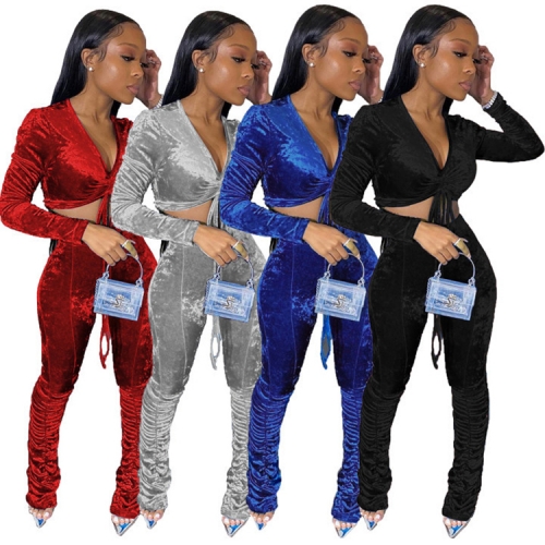 Wholesale Solid Velvet Crop Top Winter Two Piece Set Women Clothing 2020 Stack Pants Set Women 2 Piece Outfit Jogging Set