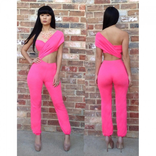 Free Shipping Sexy One Shoulder Rose Jumpsuit