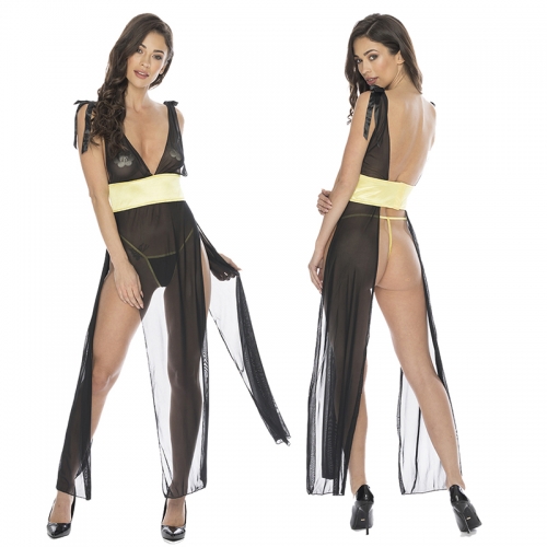 Yellow Waisted Black Long Sheer Gown