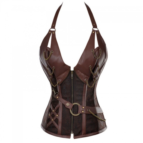 Free Shipping Brown Corset With Faux Leather Halterneck