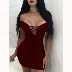 Wine Red Dew Shoulder Lace-up Hollow-out Mini Dress