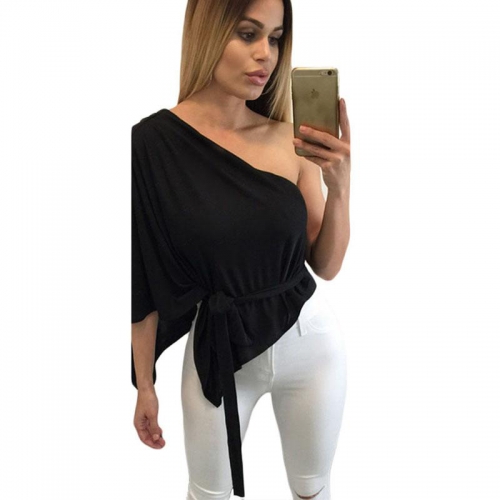 Black Belted Flare One Shoulder Top