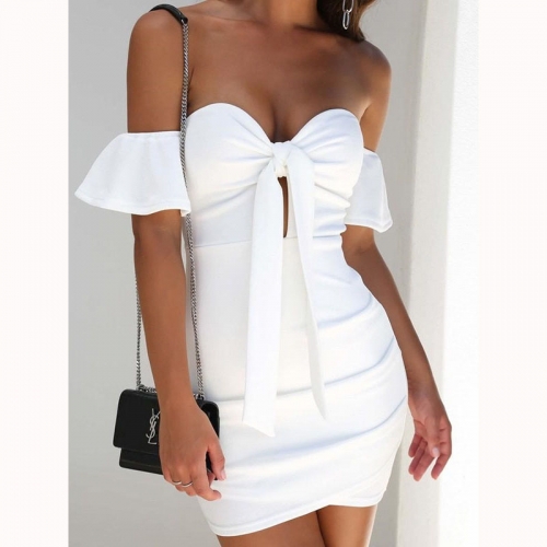 Sexy Solid White Off Shoulder Bowknot Short Sleeve Hip Wrapped Dress