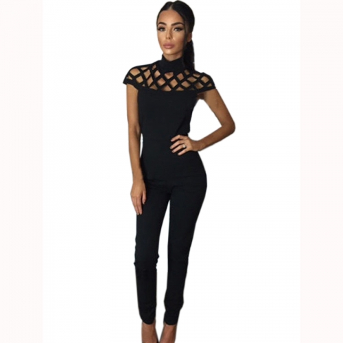 Black Woman Cross Hollow Out Jumpsuit