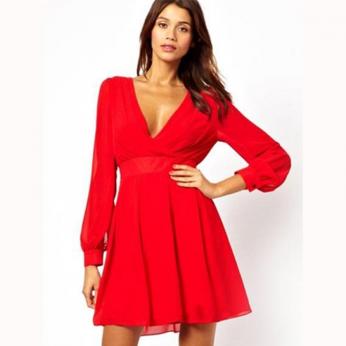 Women Deep V Neck Long Sleeve Mini Dress