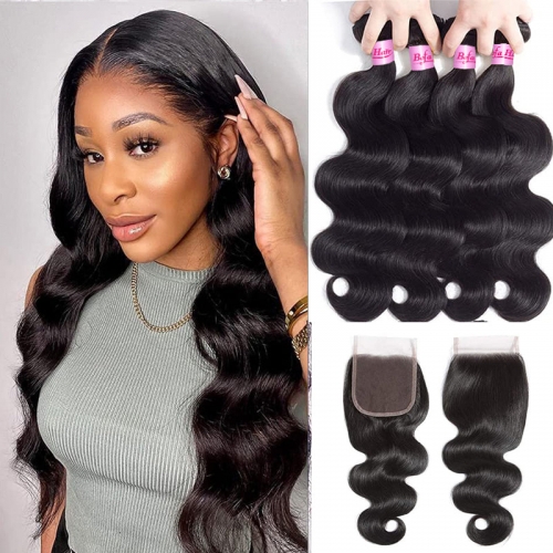 Wholesale  Pre-plucked 4 Bundles Brazilian Body Wave Hair With 5x5 Lace Closure,can do dropshipping