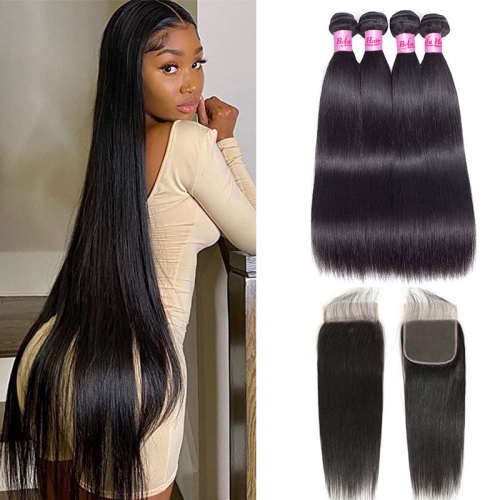 Wholesale  Pre-plucked 4 Bundles Brazilian Straight Hair With 5x5 Lace Closure,can do dropshipping