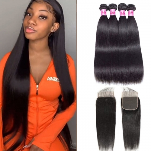 Wholesale Pre-plucked 4 Bundles Brazilian Straight Hair With HD5x5 Lace Closure,can do dropshipping