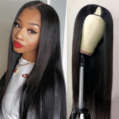 Wholesale  V Part Human Hair Wigs Brazilian Virgin Straight 180 Density Pre Plucked Glueless Middle Part Wig