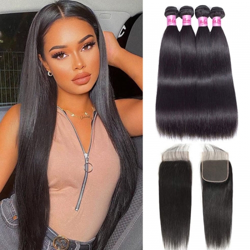 Wholesale Pre-plucked 4 Bundles Brazilian Straight Hair With 4x4 Lace Closure,can do dropshipping