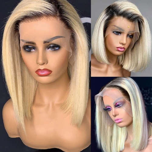 Wholesale Ombre Bob Wigs 13x4 1B/613# Straight Human Hair Lace Frontal Wigs 150% Density Pre Plucked with Baby Hair Wigs