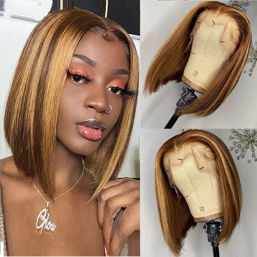 Wholesale Short Bob Wigs Blonde Highlight P1B/27# Pre-Plucked 13x4 Lace Frontal Wigs Human Hair 150% Density Wig
