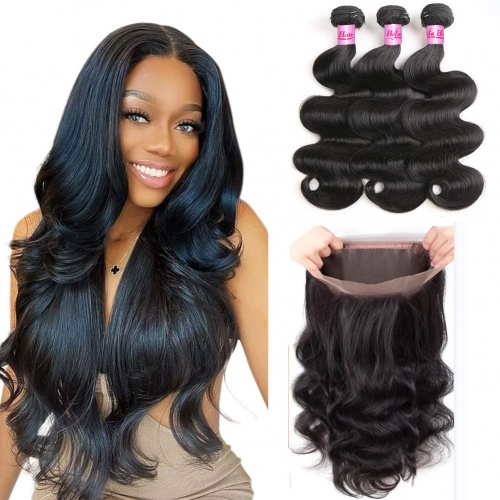 Wholesale Brazilian 360 Lace Frontal Closure With 3Bundles Body Wave Hair,can do dropshipping
