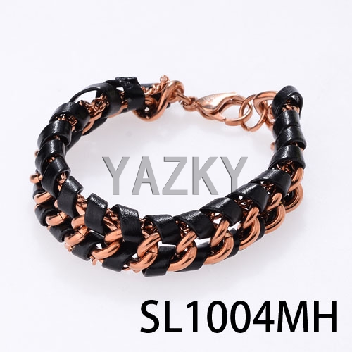 Leather bracelet with rose gold color plating