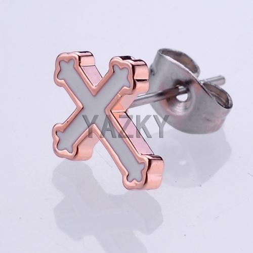 Cross ear stud with rose gold color plating