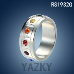 Stainless steel ring with coloful zircons