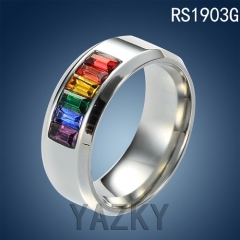 Stainless steel ring with rainbow color zircons