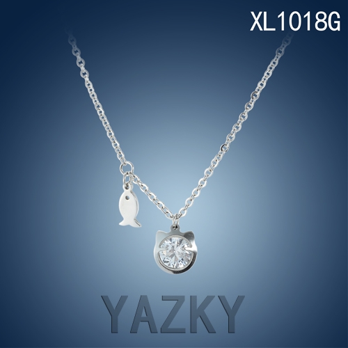 Fish and cat style with white zircon silver color  necklace