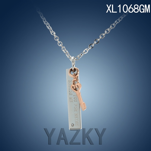 Rectangle and key style with "THANK YOU FOR BEING BESIDE ME" and white zircon silver and rose gold plated necklace