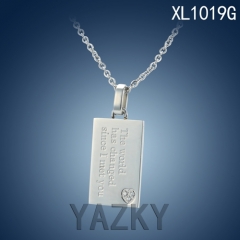 Rectangle style with "The world has changed since I met you" and zircons set in heart shape silver color necklace