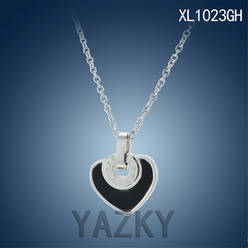 Heart shape with black enamel and Roman numerals circle silver color necklace